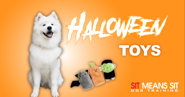 A white dog smiling with the text Halloween toys poster