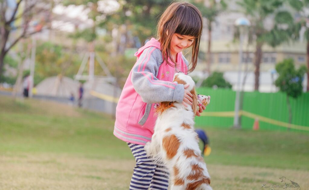 A little girl playing with a dog in the park