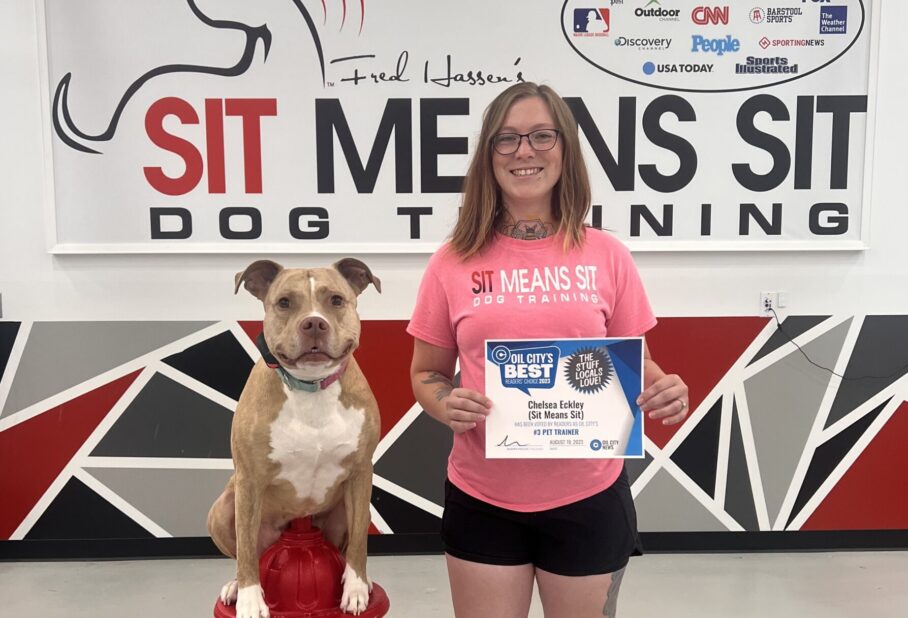 A girl capturing photo with her dog in sit means sit training facility