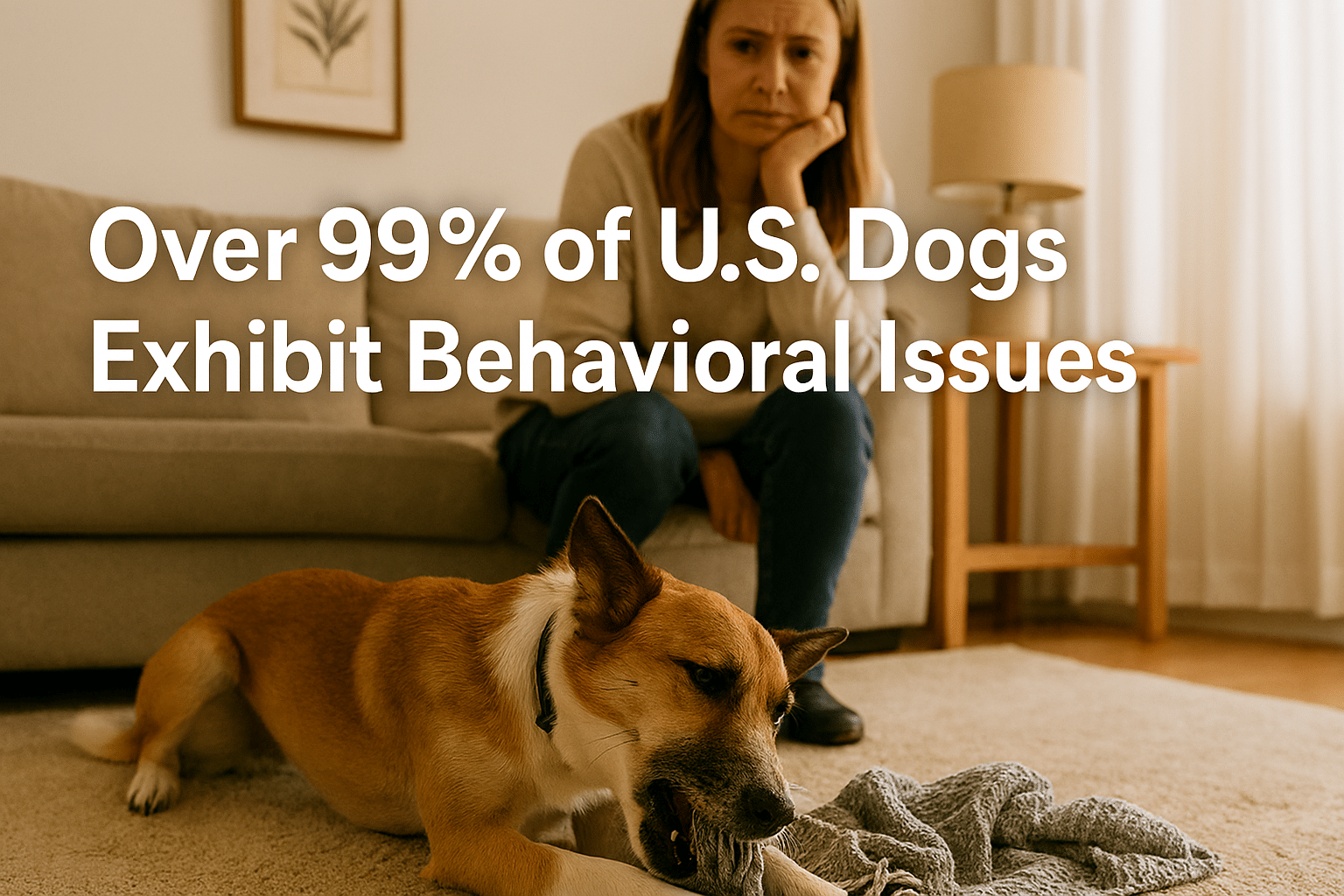 A tan and white mixed breed dog lies on a beige rug in a sunlit living room, chewing on a gray knitted blanket with strands of yarn unraveling from its mouth. In the background, a concerned woman in a cream sweater and jeans sits on a beige sofa, watching the dog calmly. A wooden side table with a lamp and a framed botanical print decorate the cozy space. Overlay text at the top reads: “Over 99% of U.S. Dogs Exhibit Behavioral Issues.”