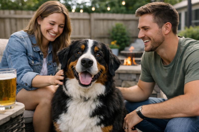 Two people sitting with a dog during obedience training