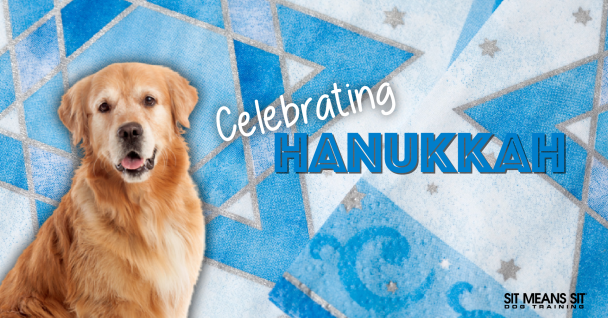 celebrating hanukkah text in blue with blue background