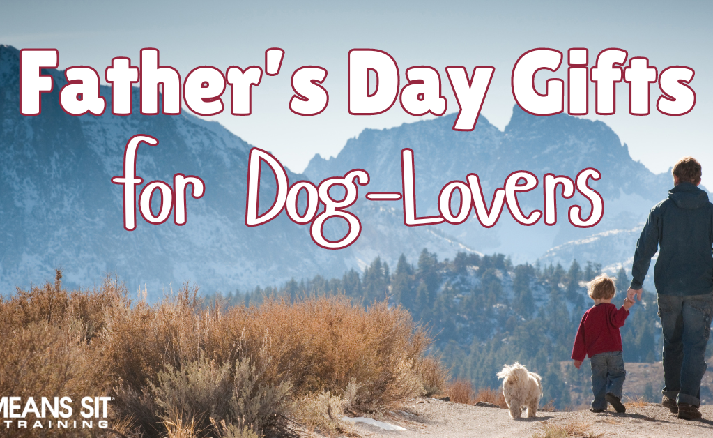 A father and child walking a dog on a scenic path, with text about Father's Day gifts for dog lovers.