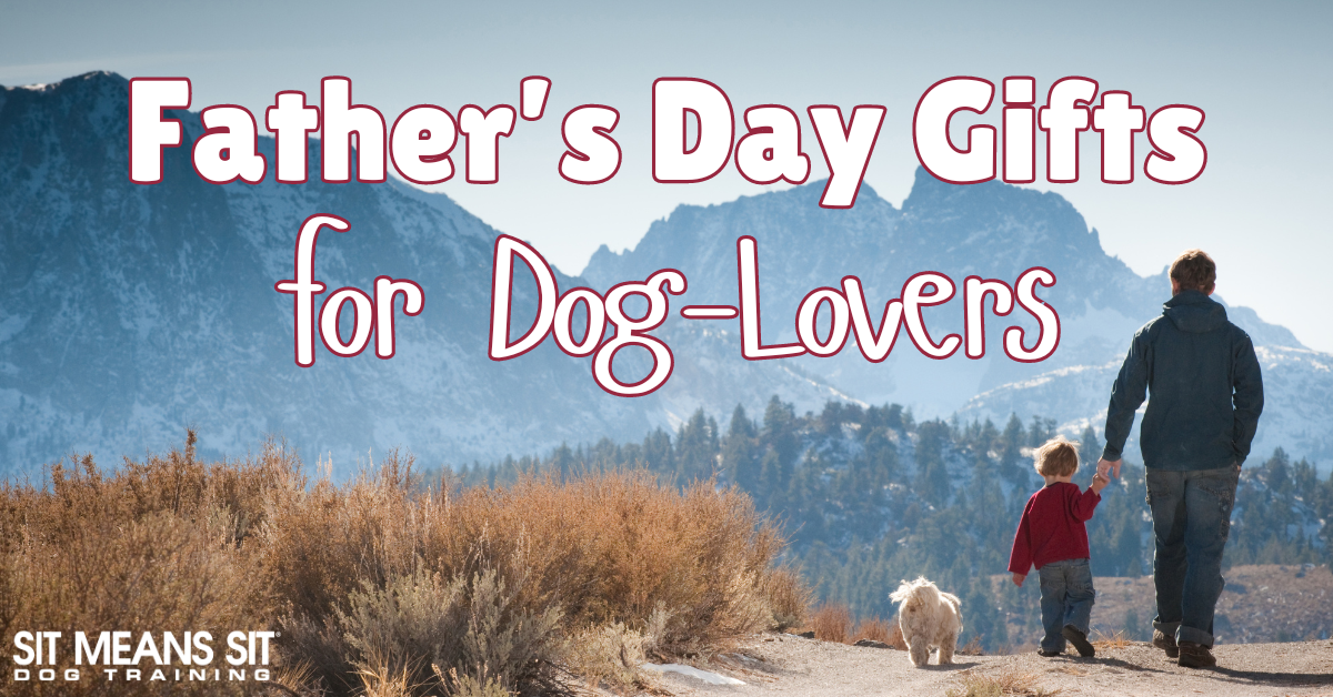 A father and child walking a dog on a scenic path, with text about Father's Day gifts for dog lovers.