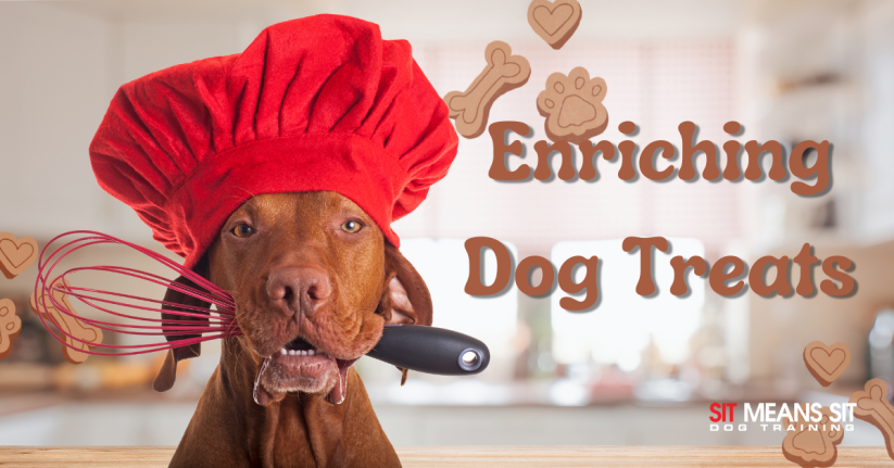 A dog wearing a chef's hat holds a whisk, with text about enriching dog treats.