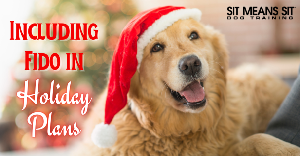 Golden retriever wearing a Santa hat, smiling with festive decorations in the background. Text promotes including pets in holiday plans.