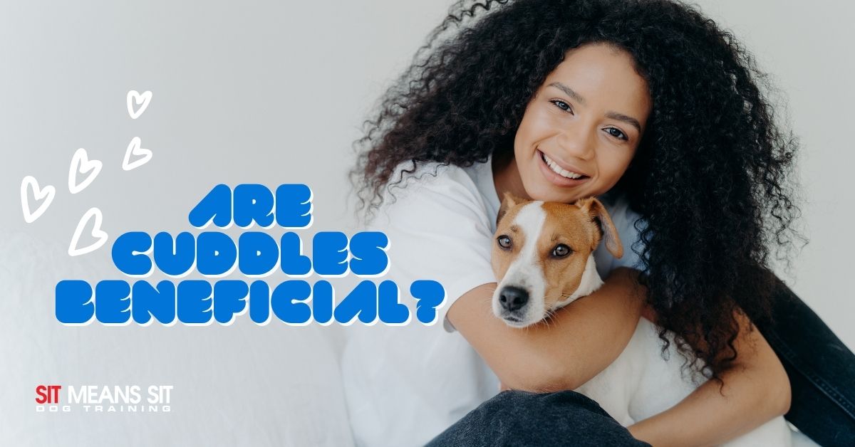 A smiling person with curly hair cuddles a dog, with text asking, "Are cuddles beneficial?" in a playful font.