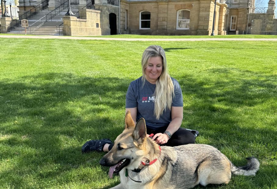 A person sitting on grass near a historic building, with a dog lying beside them.