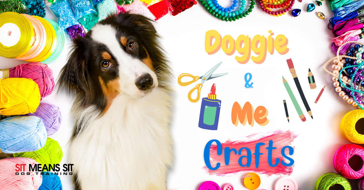 A dog beside colorful crafting supplies and the text "Doggie & Me Crafts" on a bright background.