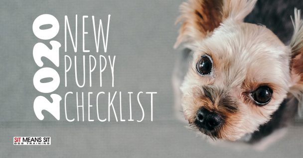 A close-up of a small puppy with text overlay: “2020 New Puppy Checklist.”