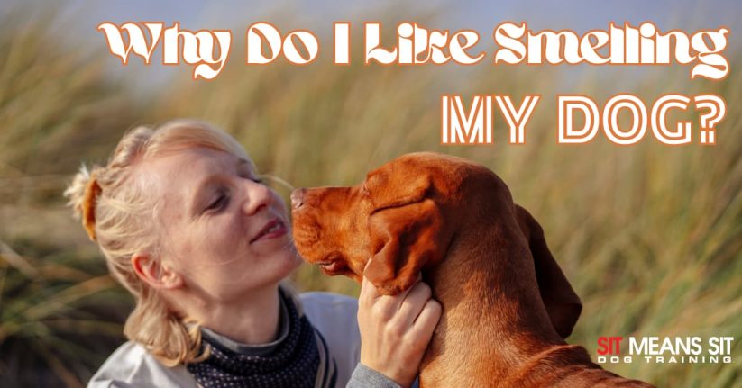 A woman joyfully interacting with a dog outdoors, with playful text questioning the affection for the dog's smell.