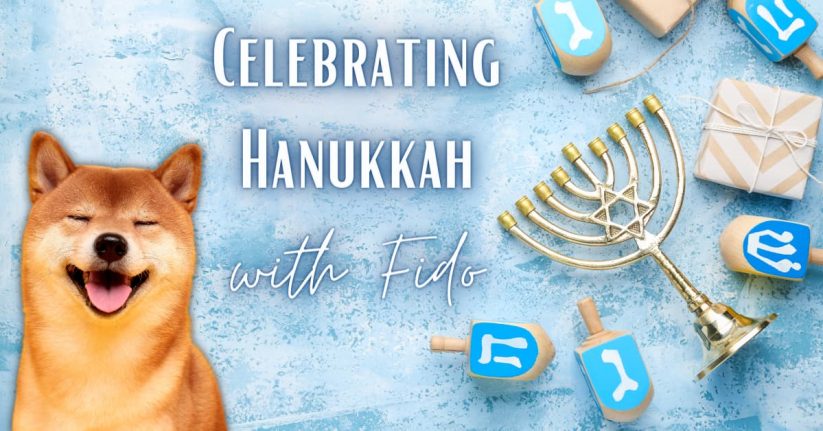 A cheerful dog alongside Hanukkah symbols like a menorah and dreidels, with text celebrating the holiday.