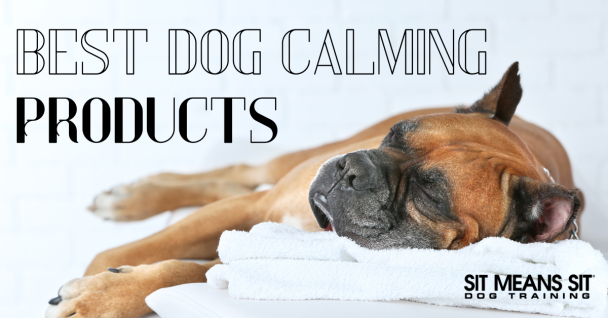 A relaxed dog lying on towels with text promoting the best dog calming products.