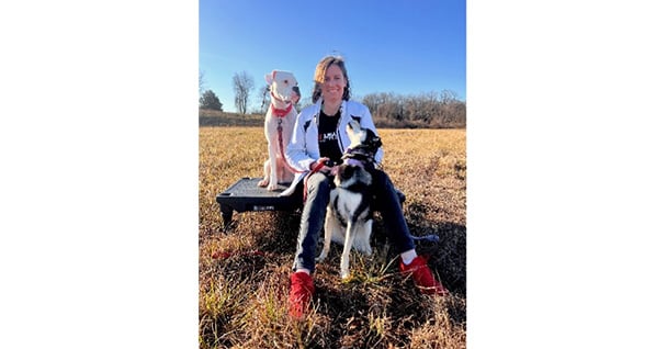 A person sitting outdoors with two dogs in a grassy field under a clear blue sky.